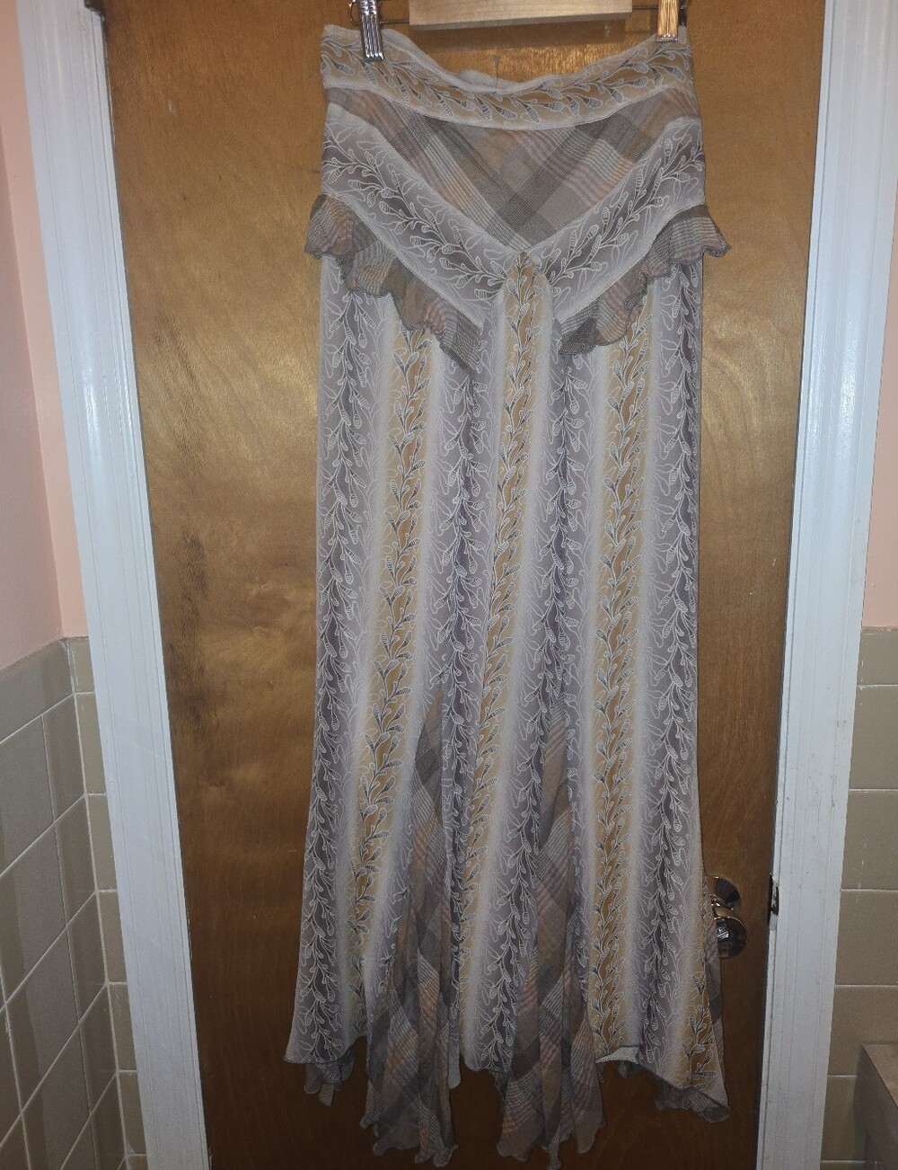 Rare Vintage Anna Sui Botanical Vine Leaf & Plaid Silk And Cotton Maxi Skirt